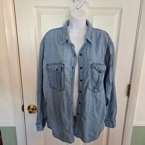 Free People Women Light Wash Denim Oversized Button Down Chambray Shirt Large